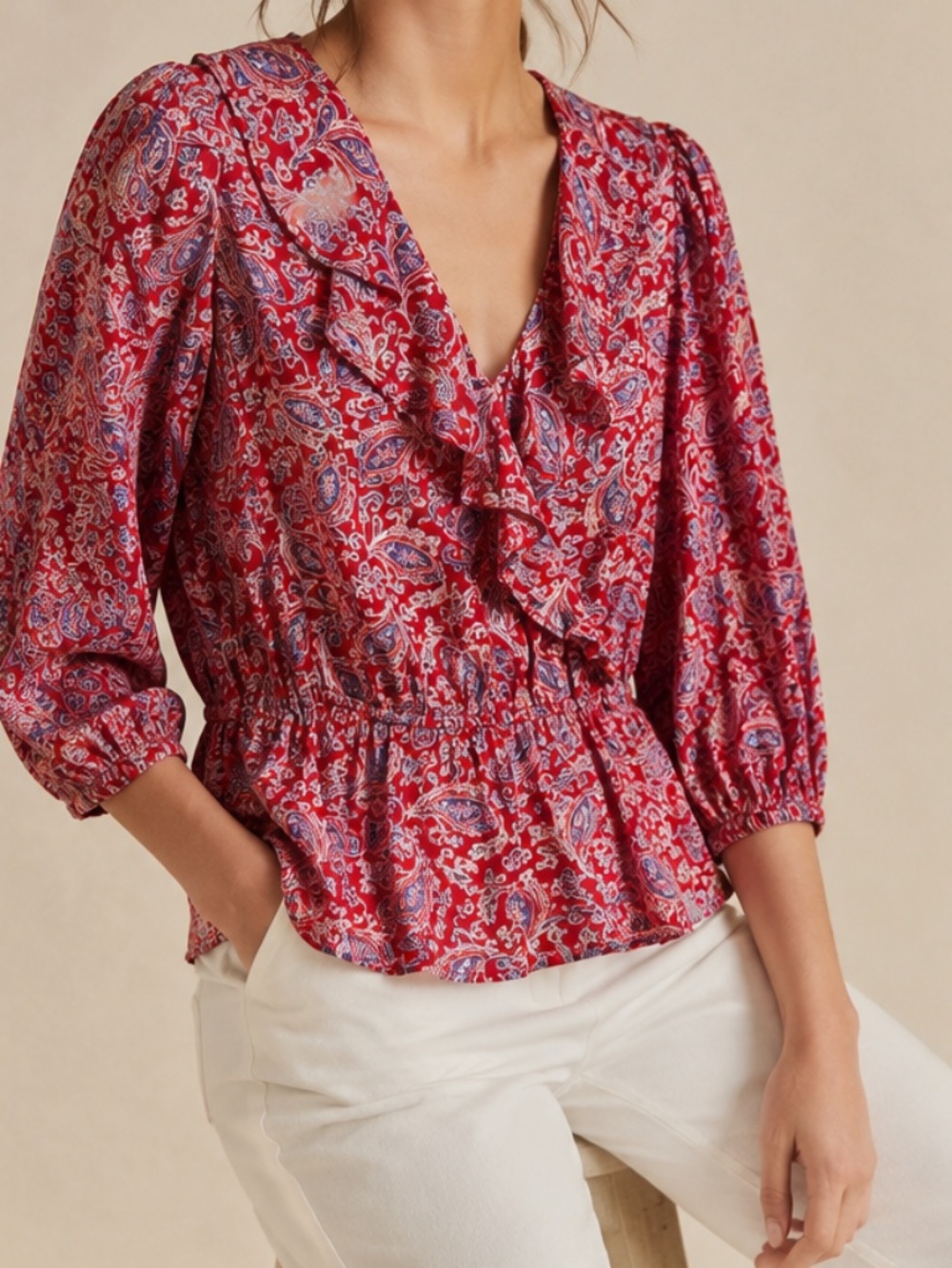 Chaps Boho Paisley Ruffle Neck Peasant Blouse Red Blue Gauze Top - Picture 2 of 9